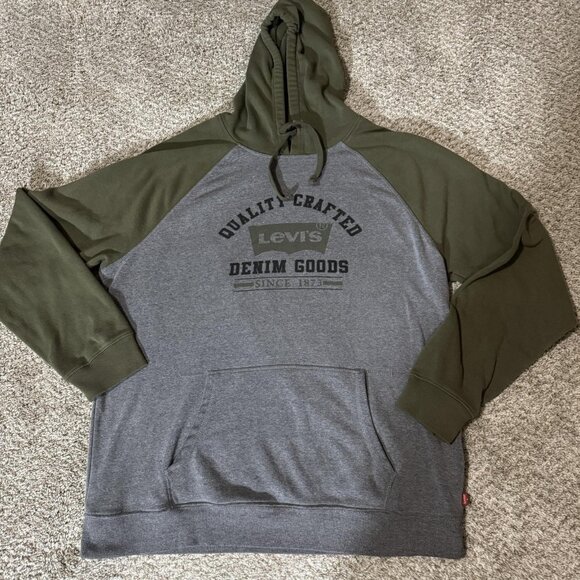 Levis Hoodie Sweatshirt Mens XL Gray Green Daffy Raglan Denim Goods Logo Fleece - Picture 1 of 7